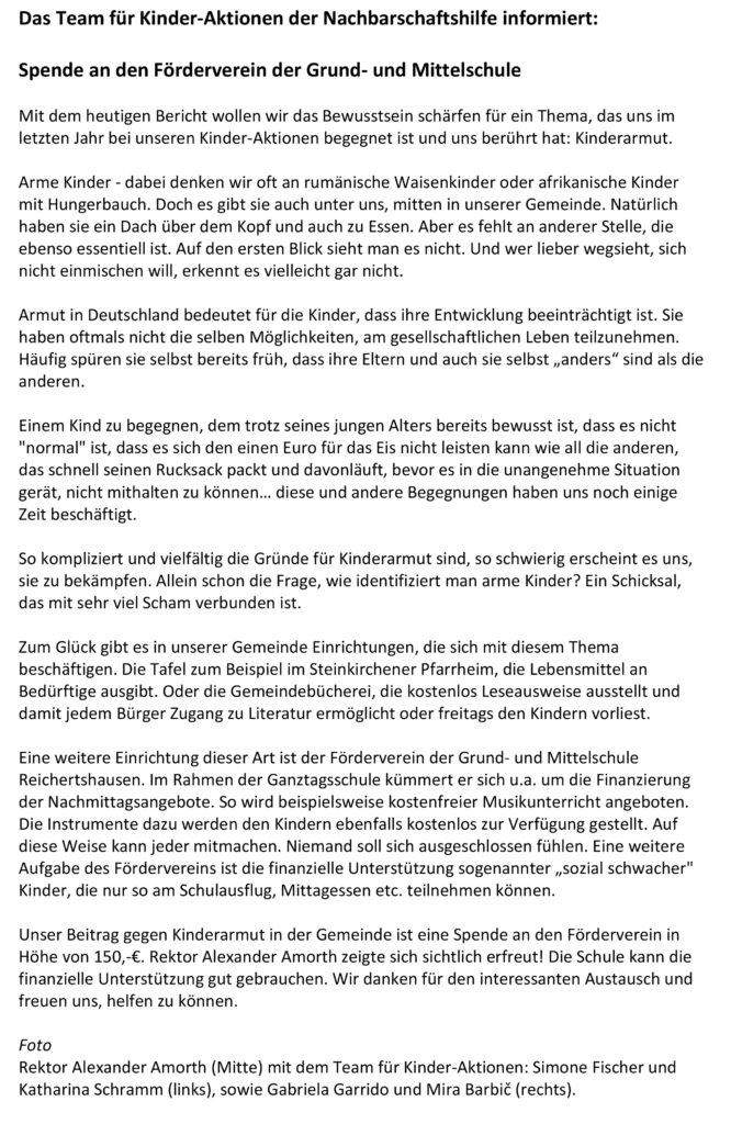 Spende an den Foerderverein der Grund- und Mittelschule Reichertshausen - Blickpunktbericht